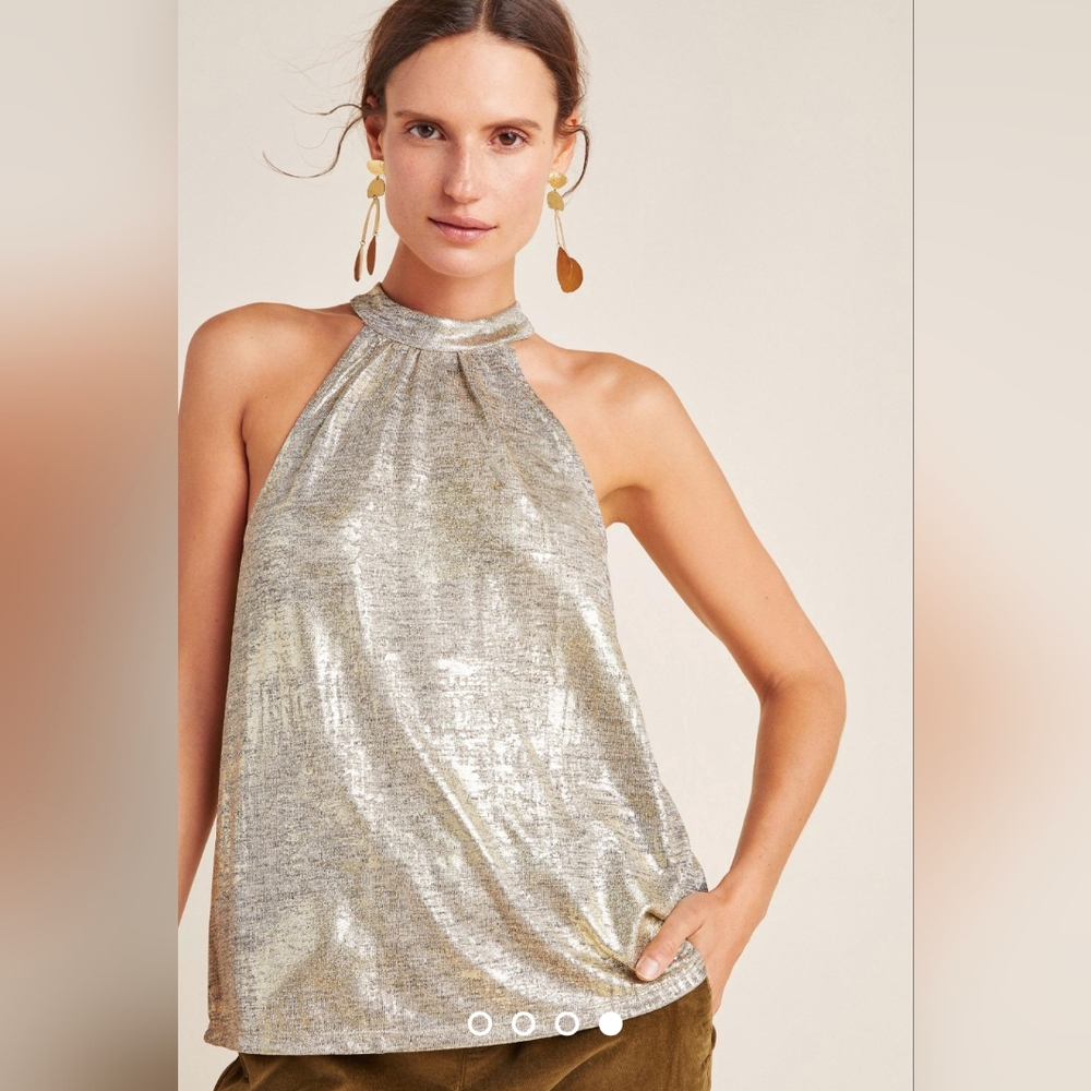 NWT Anthropologie Nadia Metallic Gold Halter Top Size Large